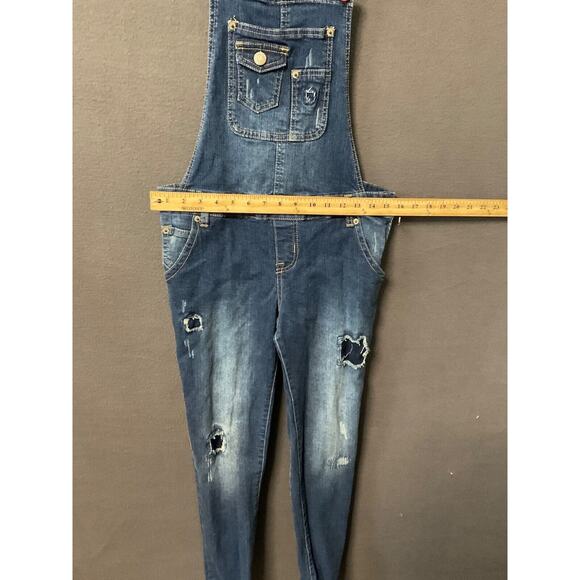Rue 21 Distressed Denim Overalls Juniors 7/8 Skinny Jeans Bib Retro Chore - Picture 2 of 7
